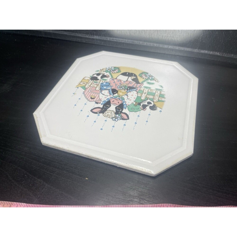 Vintage Ceramic Cow Trivet Pot Stand Farmhouse Kitchen Hot Plate Daisy Farm - Picture 7 of 8